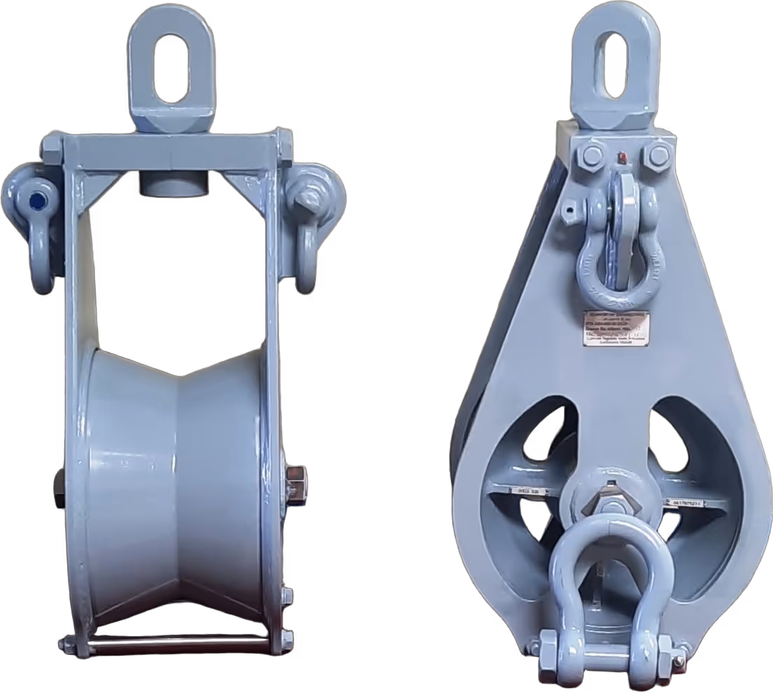 Two 500x300 sheave lifting blocks, side and front view, built in the Seaworthy Engineering workshop in Greenfields