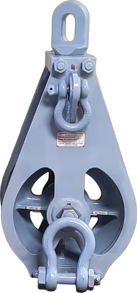 Seaworthy Engineering 500x300 sheave lifting block, 20 tonne WLL, painted steel with shackles
